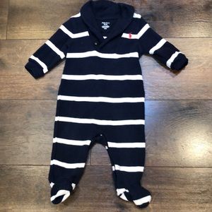 Ralph Lauren Navy/White Collared Striped Knit Onesie with Snaps, Size 6 months
